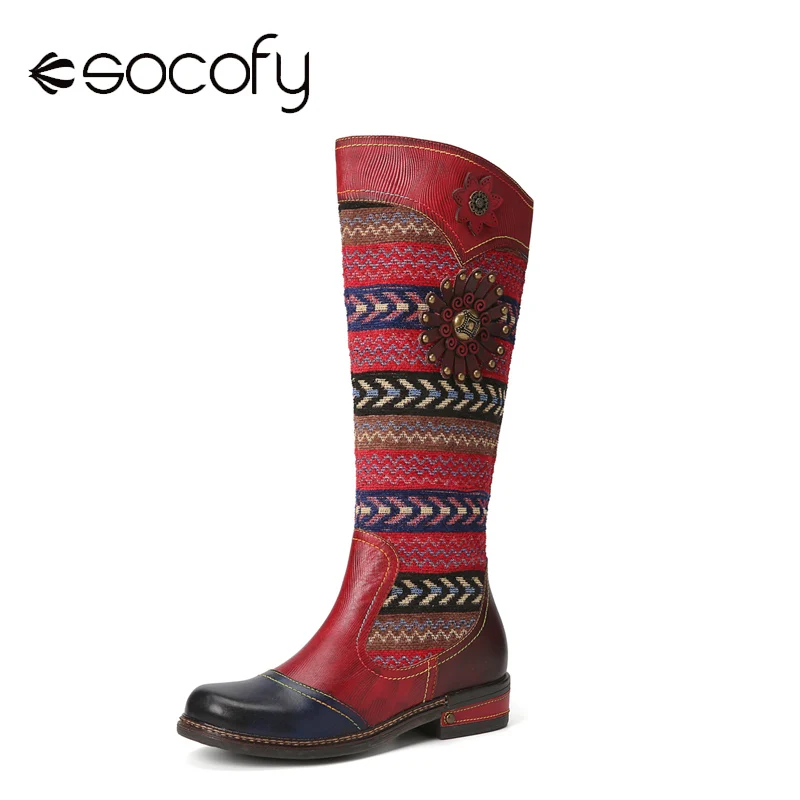 

Socofy Leather Retro Ethnic Wave Pattern Side Zipper Comfortable Knee High Flat Boots Women Leather Knee long Boots