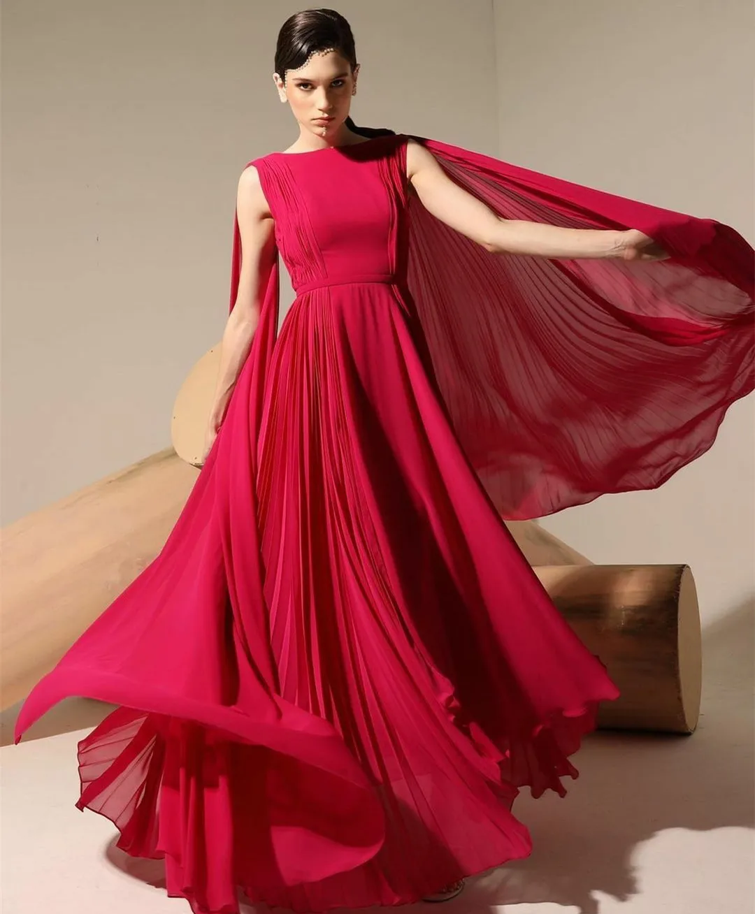 

Simple Red Chiffon Evening Dresses for Wedding Guest Floor Length Scoop Neck A-Line Formal Dress for Teens Pleated party dress