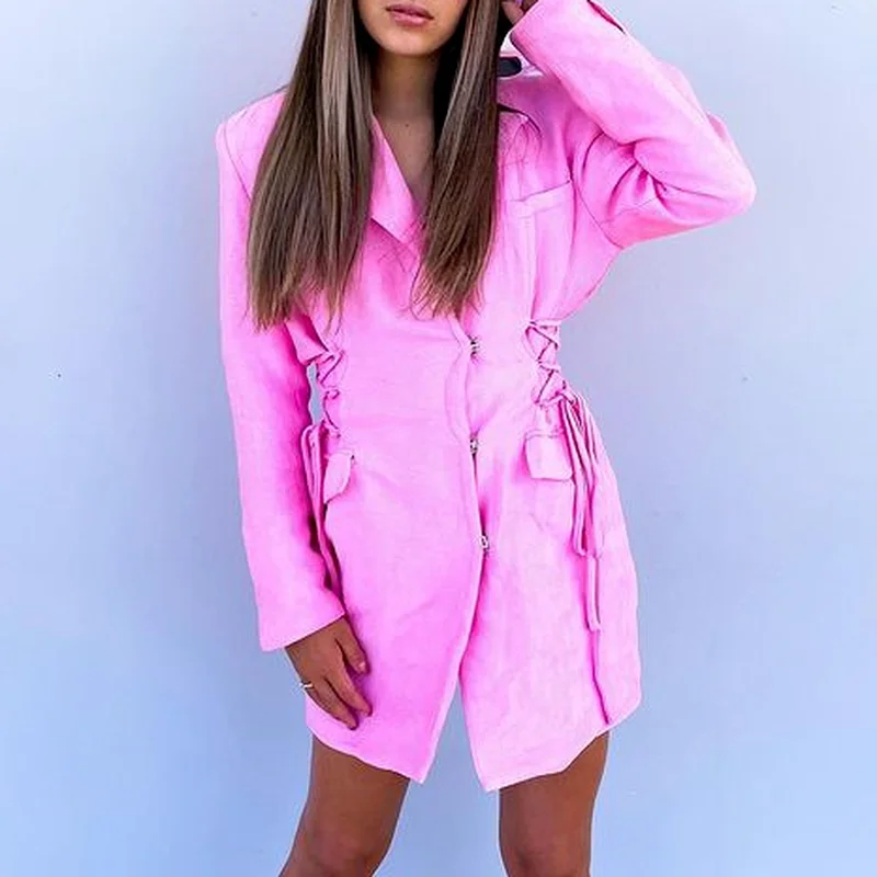 Fashion Lapel Tie Double-breasted Long-sleeved Shoulder Pads Dress Casual Ladies Fashion Elegant Waist Chic Suit Short Skirt