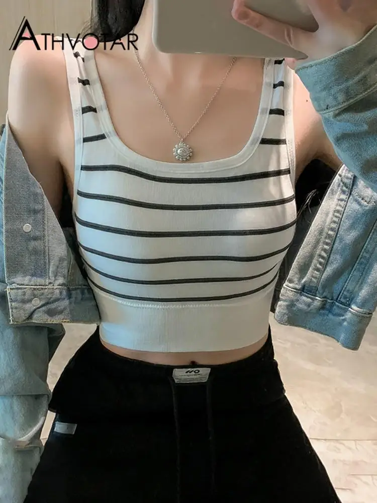 

ATHVOTAR Top Women Aesthetic Beautiful Back Stripe Vest with Chest Pads Sleeveless Skinny Sport Casual Outer Wear Female Tops