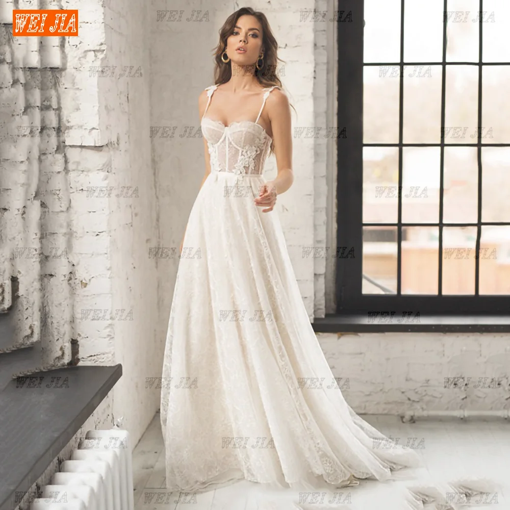 

WEIJIA Sexy Spaghetti Straps Wedding Dresses Sweetheart Lace Appliques Sleeveless Open Back Bridal Gowns Sweep Train Custom Made