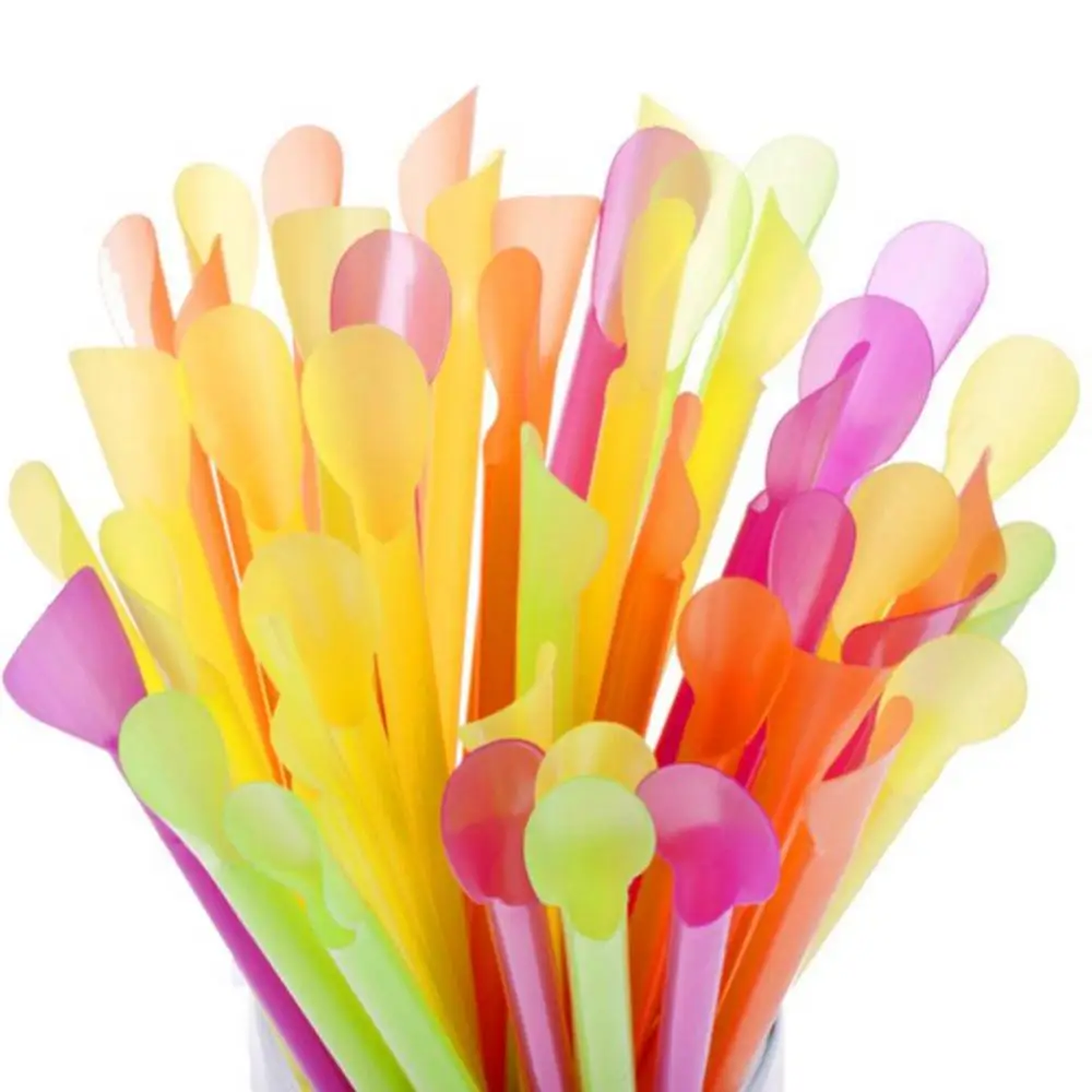 

100 Pieces Scoop Shaped Straw Color Plastic This Sand Ice Straw With Scoop Plastic Straight Straw Disposable Straws Kitchenware
