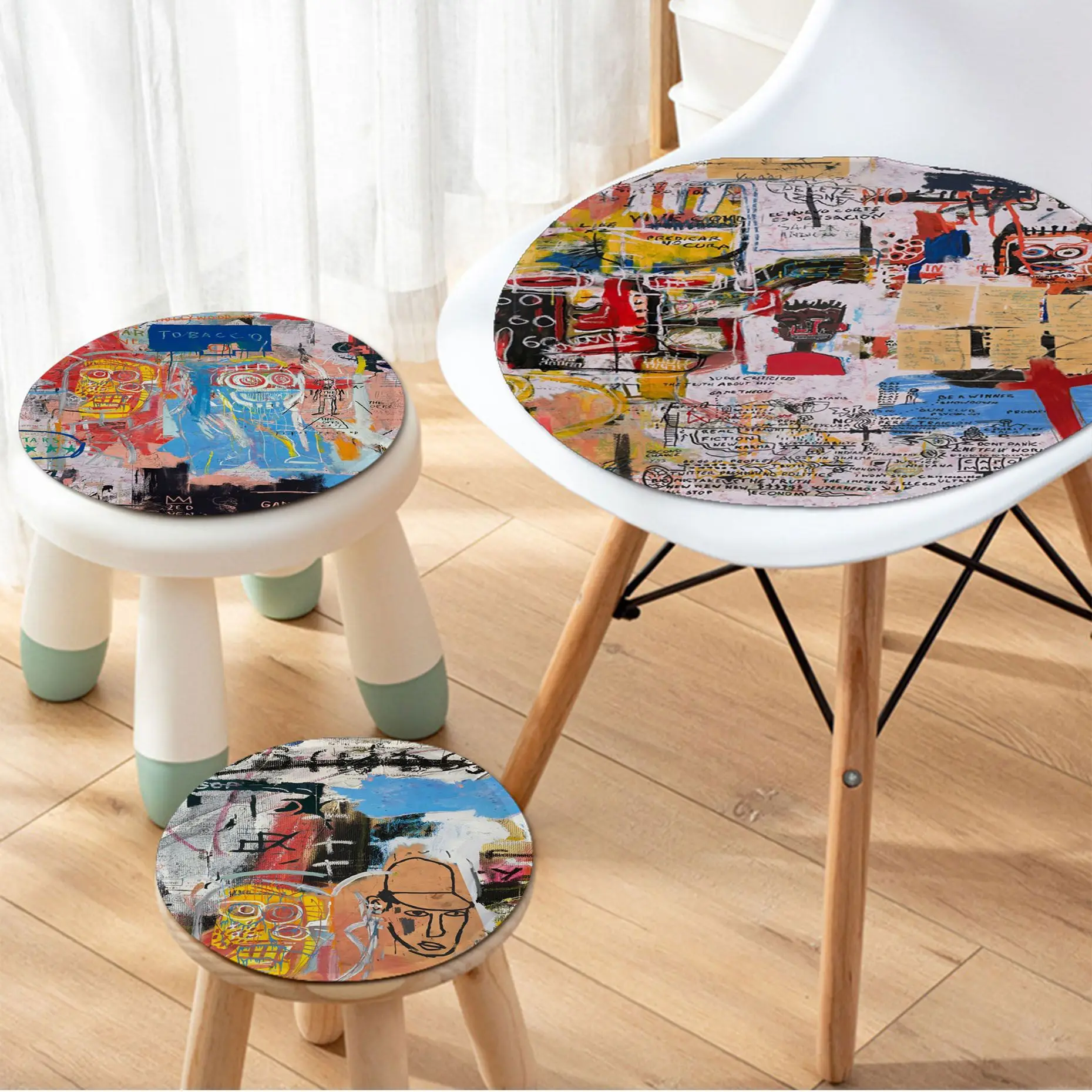 

Jean Michell B-Basquiat Art Graffitii Creative Dining Chair Cushion Circular Decoration Seat For Office Desk Buttocks Pad
