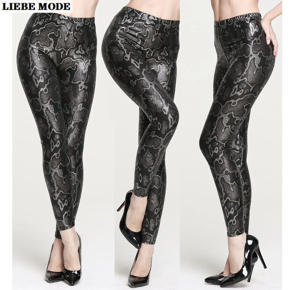 Women's Snake Skin Printed Faux Leather Leggings for Women Snakeskin Stretch Fitness Leggins Femme High Waist Black Pu Pants