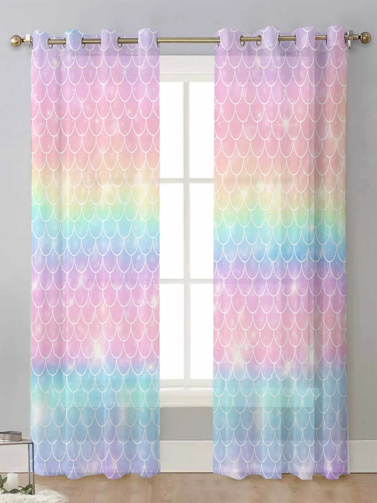 

Mermaid Scales Ocean Rainbow Sheer Curtains For Living Room Window Transparent Voile Tulle Curtain Cortinas Drapes Home Decor