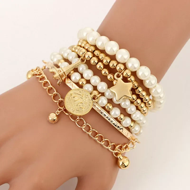 

6pcs/set Fashion Gold Color Beads Pearl Star Multilayer Beaded Bracelets Set for Women Charm Party Jewelry Gift 5483