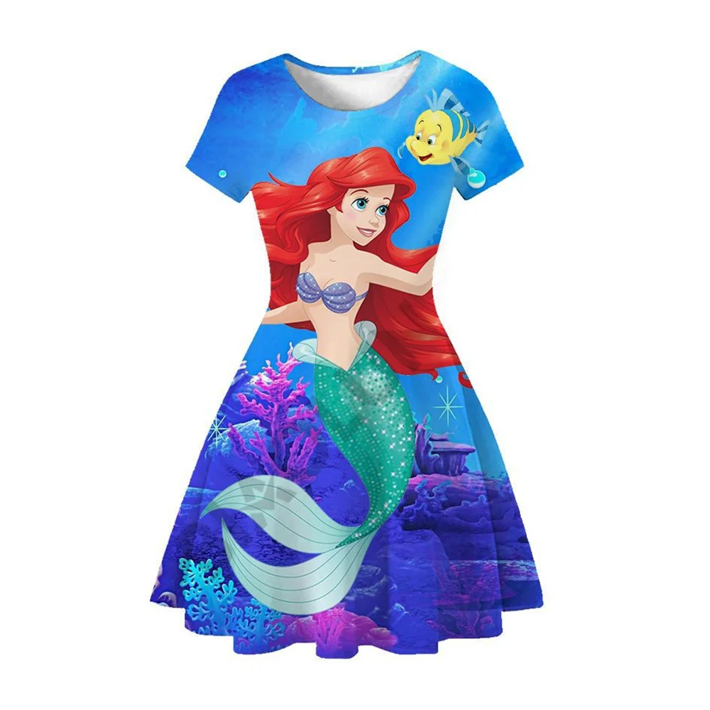 

3D Disney Mermaid Princess Ariel dress Short sleeve Dress girls dress Summer short sleeve O - neck pompous girl new style