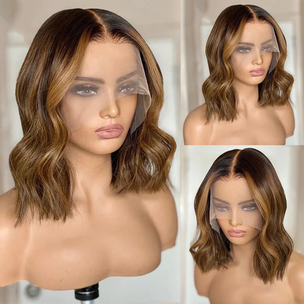 

Brown Highlights Short Bob Wig Remy Hair Natural Wave Human Hair Wig Pre Plucked Middle Parting 13x1 T Part Lace Front Wig 150%
