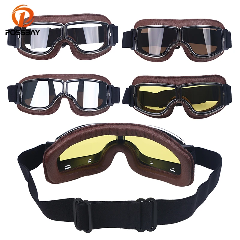

POSSBAY Vintage Retro Pilot Motorcycle Glasses Googles Leather Windproof Motocross Sports Motorbike Ski Cycling Eyewear Googles