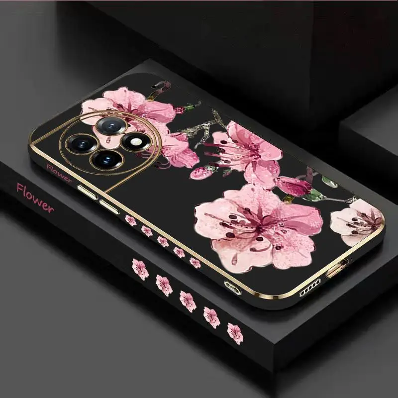 Ink Peach Blossoms Luxury Plating Phone Case For Oneplus 11 11R 10 Pro 10R 10T 9R 9RT 9 8T 8 8 Pro Cover