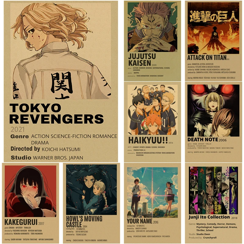 

Classic Anime Series Posters Tokyo Revengers Death Note Haikyuu Retro Kraft Paper Vintage Room Bar Cafe Decor Art Wall Paintings