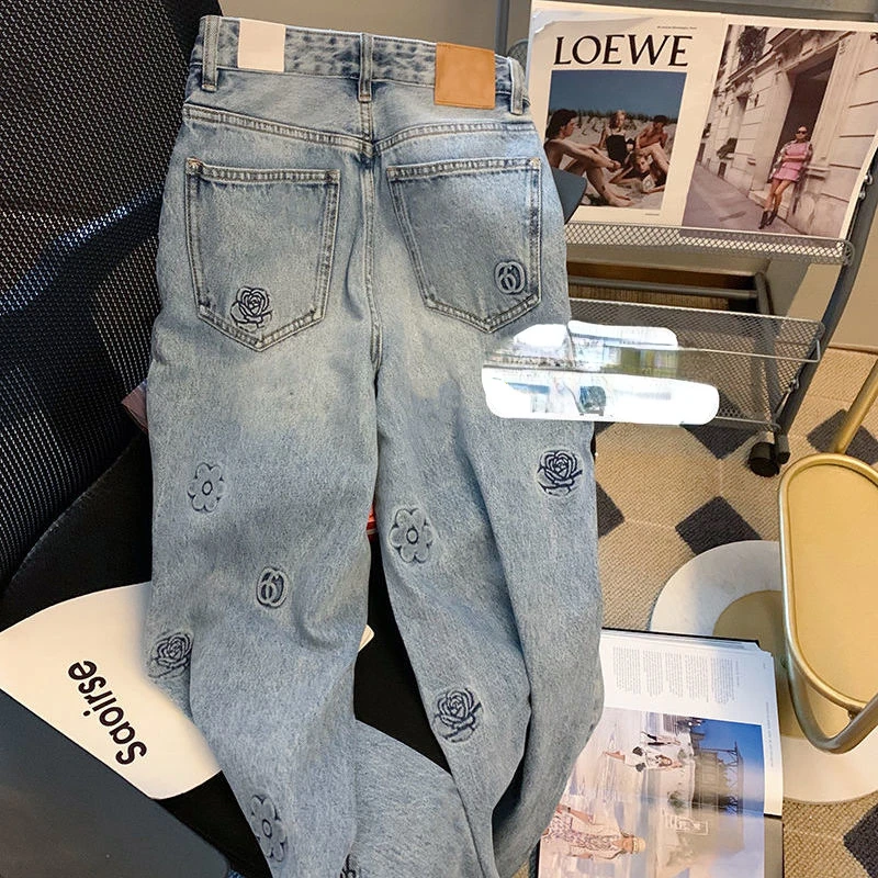 

Vintage High Waist Wide Straight Leg Pants Pattern Jeans Korean Fashion Streetwear Jean Female Denim Trouser Baggy Denim L174