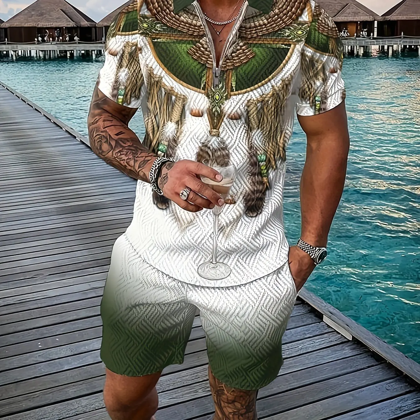 Костюм спортивный мужской с 3D-принтом тотем рубашка поло на молнии и шорты