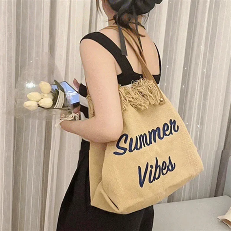 

Women Vacation Style Tote Bag Large Capacity Beach Bag Letter Print Tassel Shopping Handbag Simple All-Match Fashion Lady Bags