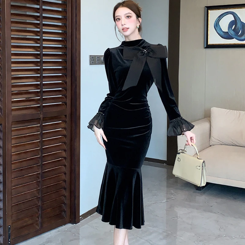 Темпераментные элегантные черные бархатные вечерние платья для женщин милое