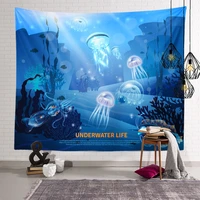 blue underwater world tapestry wall hanging home bedroom room decor psychedelic colorful jellyfish mushroom turtle wall blanket