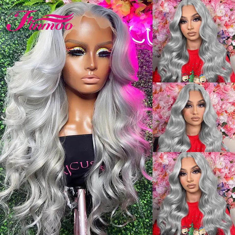 High Density Grey Human Hair Wig Colored Silver Grey Body Wave Lace Front Wig Transparent HD Lace Frontal Wig Brazilian Hair Wig