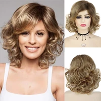 gnimegil synthetic curly hair blonde wig with bangs for woman natural wig daily use medium length fashion fluffy wave hairstyles