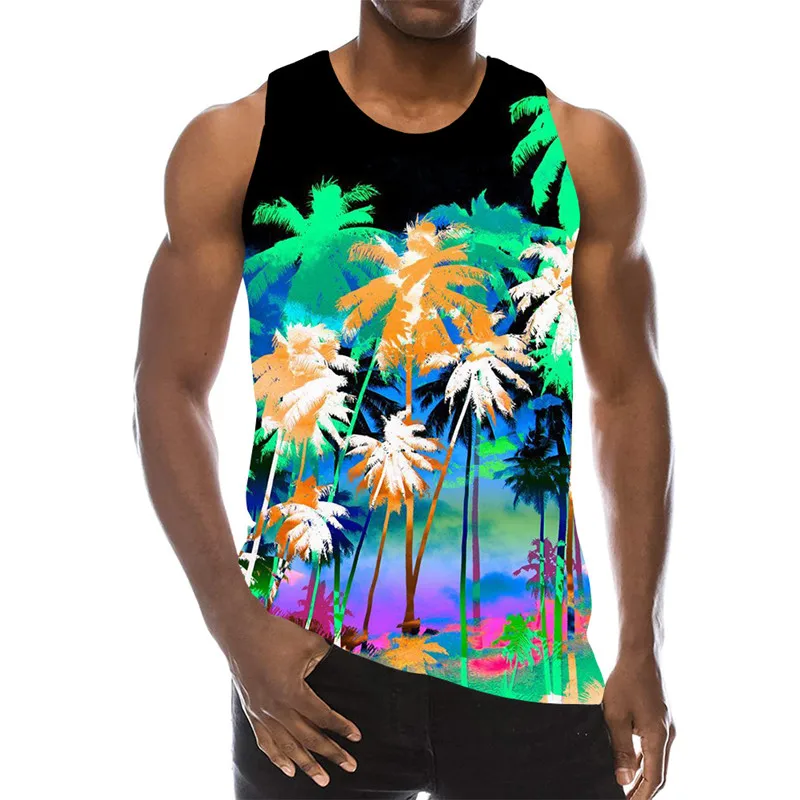 

Men's Palm Tree Pattern Tank Top 3D Printed Sleeveless Hemp Palm Pattern Paint Tank Top Hawaiian Beach Harajuku Tank Top