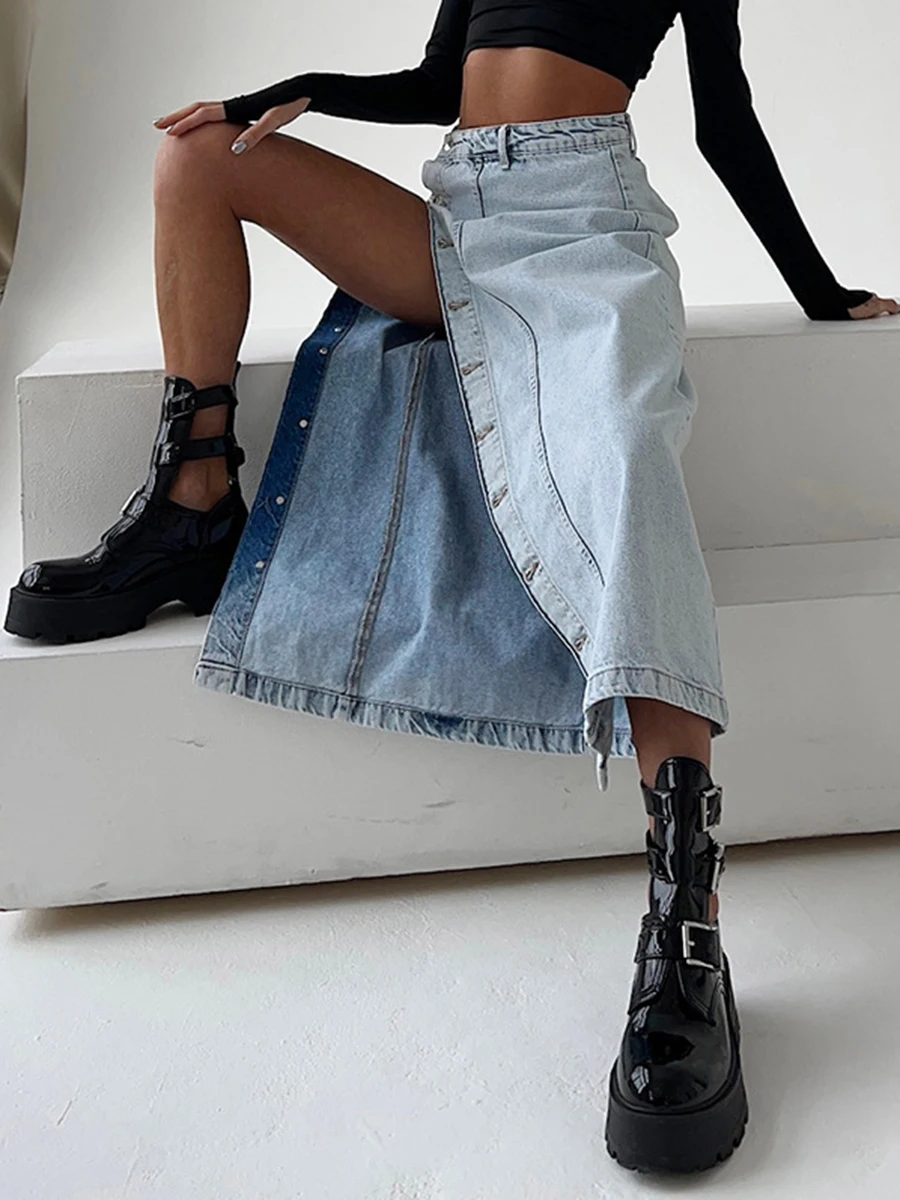 

Buttons Split Solid Denim Skirt Femme High Waist Straight Skirts 2023 Summer Streetwear Casual Chic Fashion Classic Women
