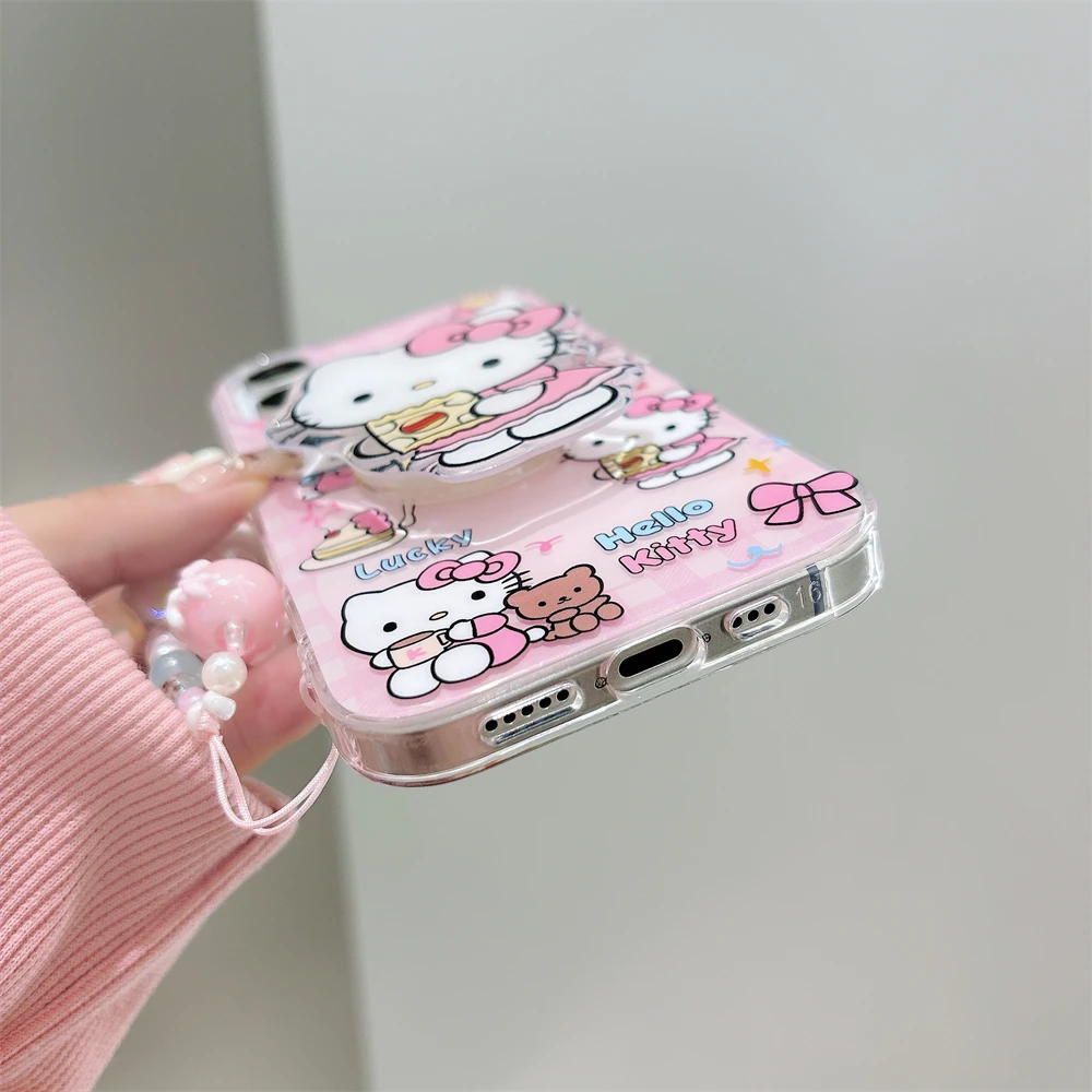 Милый розовый чехол-подставка Hello Kitty с 3D мультяшным держателем для iPhone 16 14 13 15 Pro Max