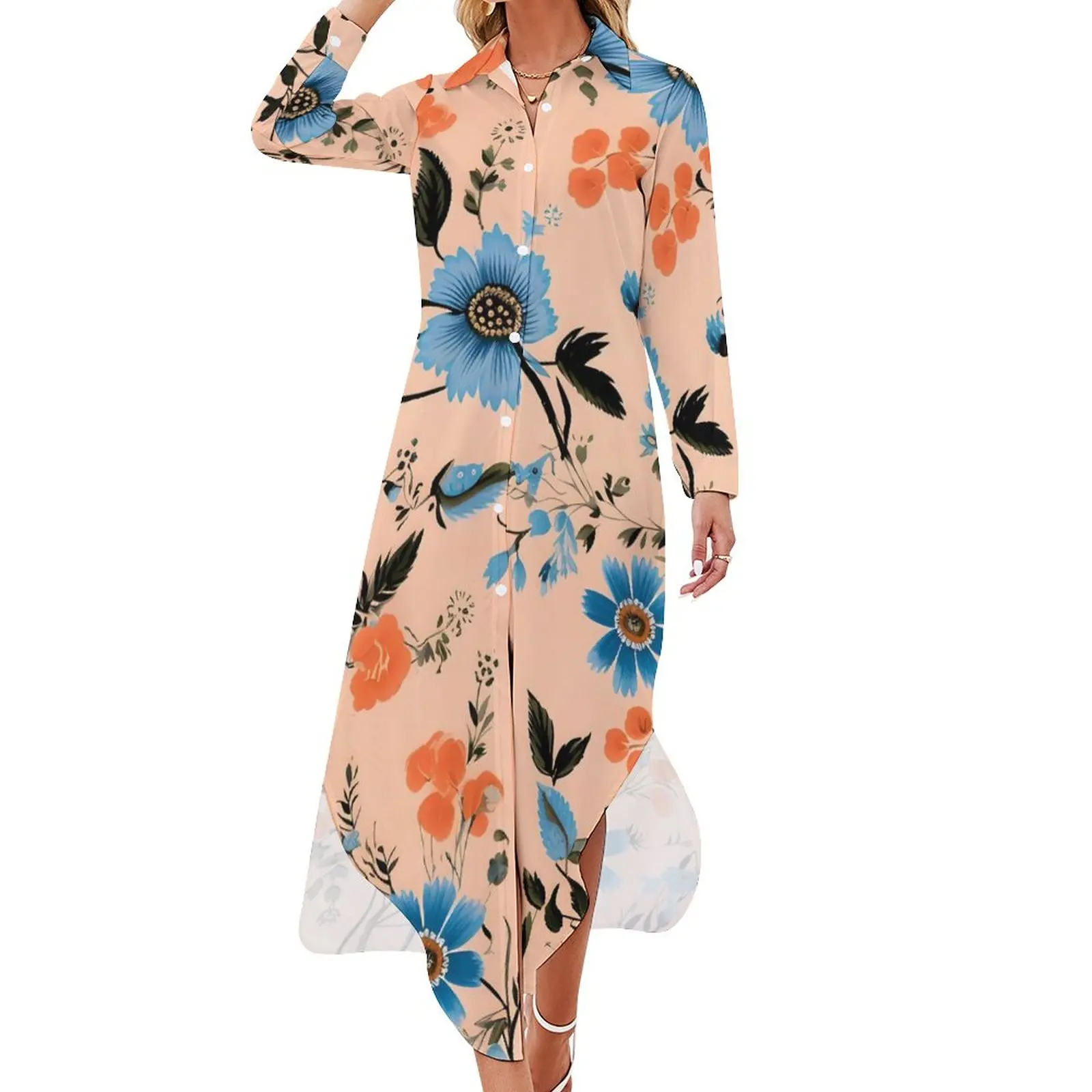 

Женское шифоновое платье с цветочным принтом, голубое и розовое платье с длинным рукавом и V-образным вырезом, большие размеры