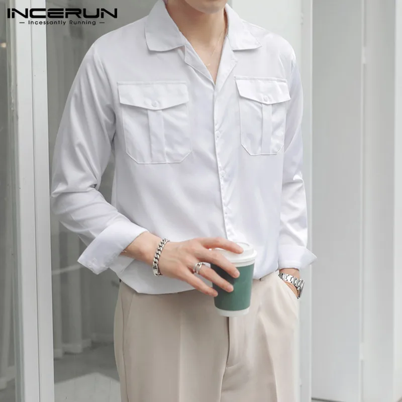 

INCERUN Fashion Men Casual Shirt Solid Color Lapel Long Sleeve Button Shirts Streetwear Pockets Loose 2022 Camisa Masculina 5XL