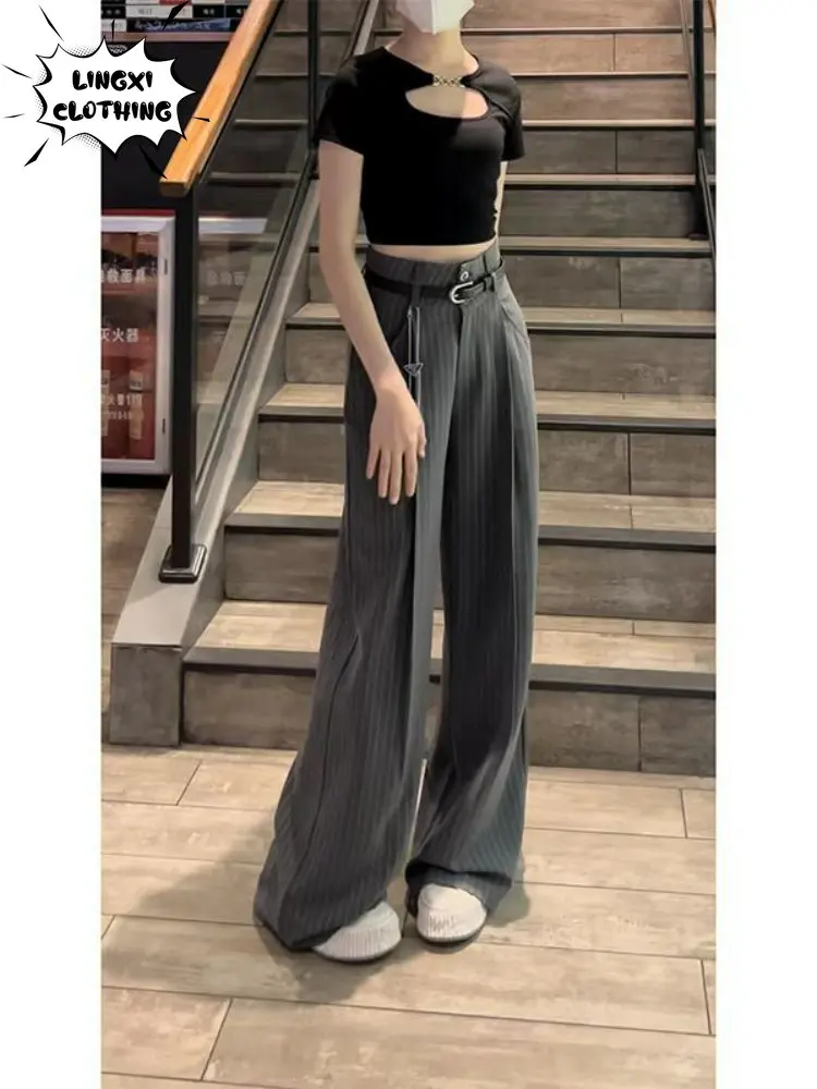 Striped Suit Pants 2023 Summer New Korean Women's Clothes Draped Casual Pants Straight Leg Loose High-waisted Wide-leg Pants