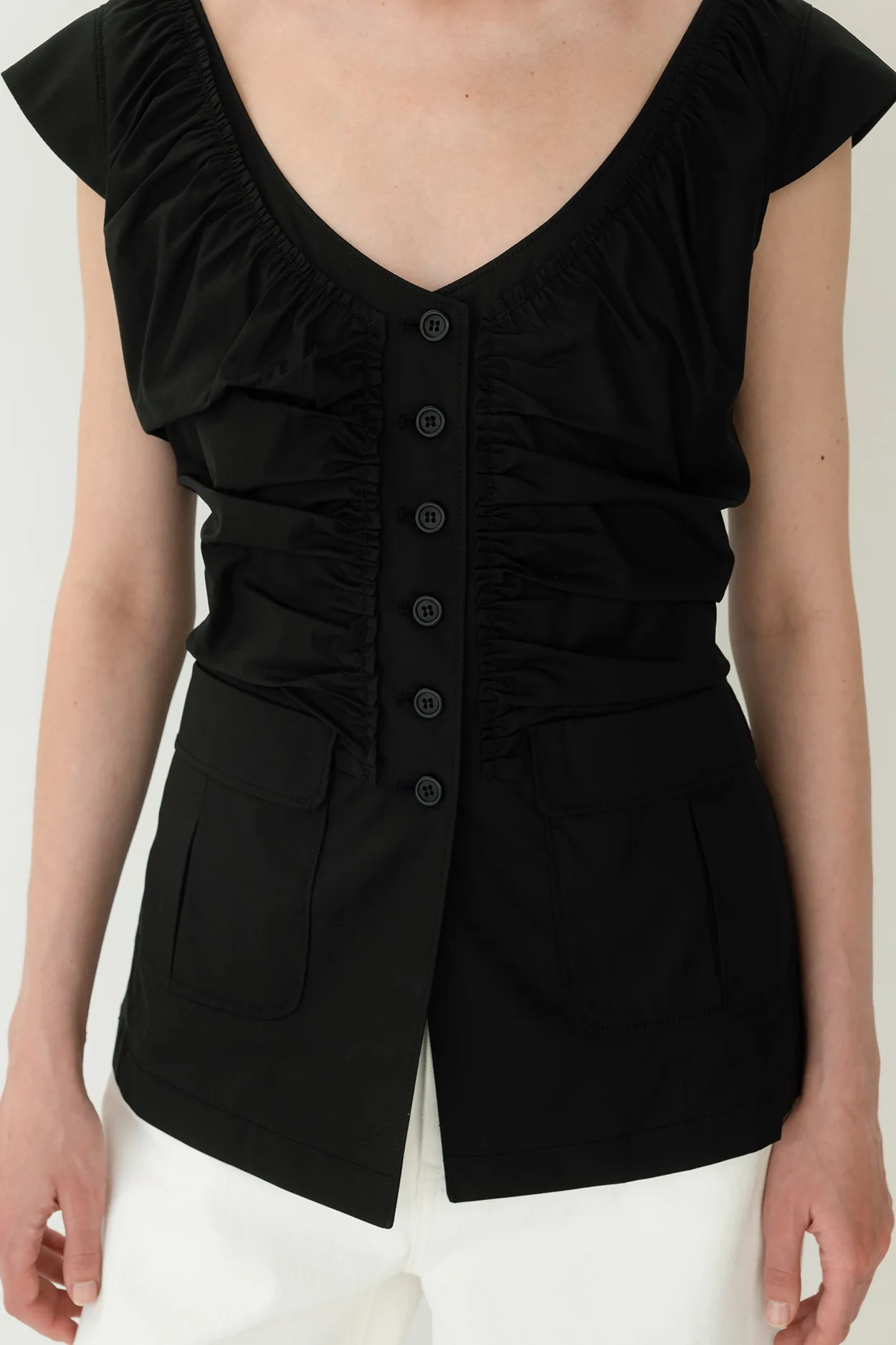 

Women Black Tanks Camis Summer Buttons Shirring Ruched Elegant Lady Tops Tees