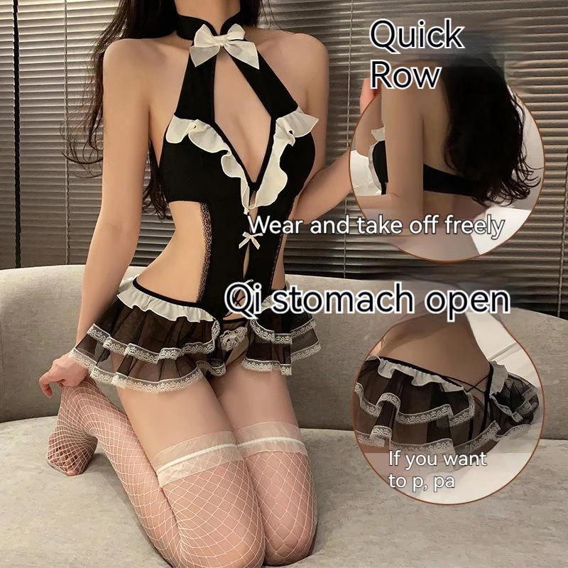

Erotic Maid Uniform Maid Dress Body Set Role-playing Underwear Sexy Bodysuits Bow Halter Pajamas Concealed Button Open Crotch