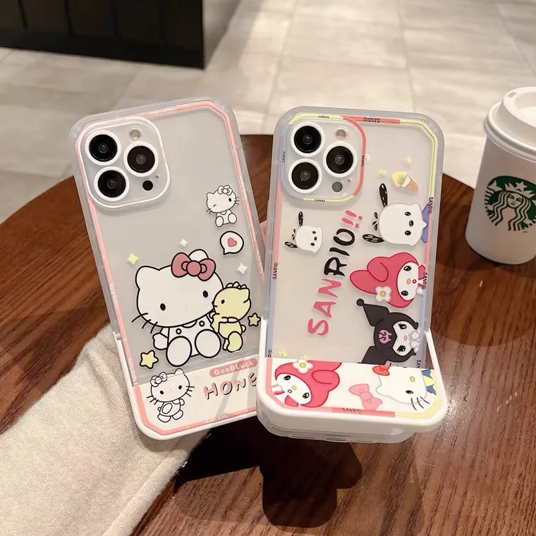 Купи Sanrio Hello Kitty Kuromi With Invisible Stand Phone Cases For iPhone 14 13 12 11 Pro Max XR XS MAX X Anti-drop Soft Back Cover за 209 рублей в магазине AliExpress