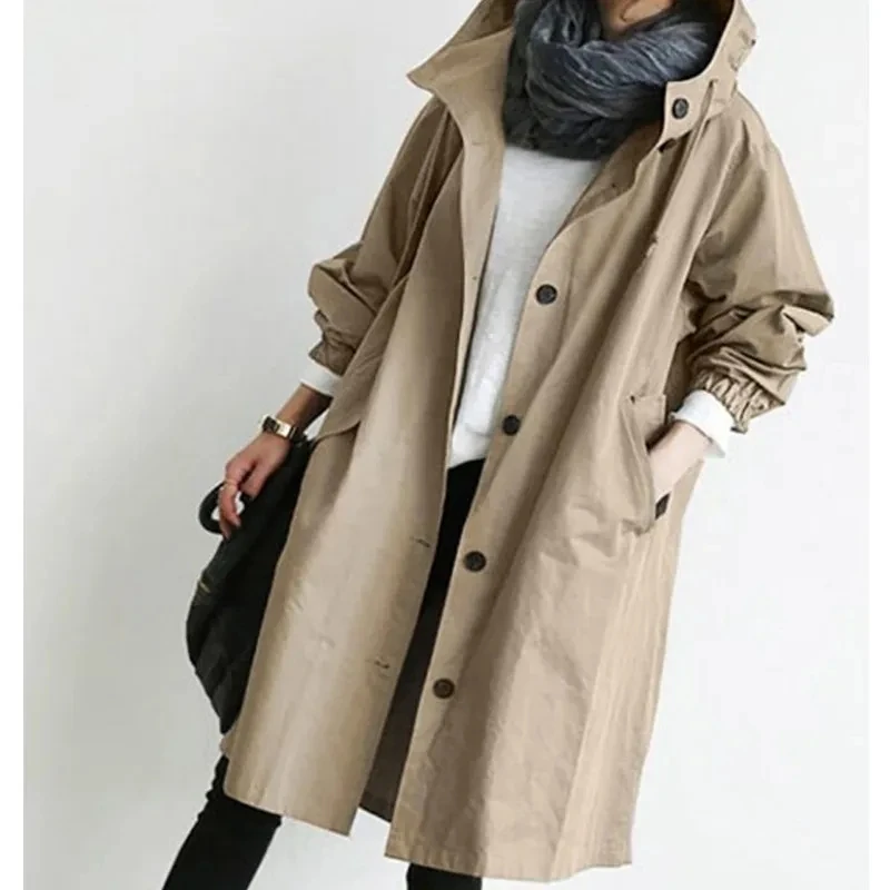 

2022 New Autumn Women Casual Windbreaker Single Breasted Hooded Loose Long Trench Coat Korean Fashion Mom Solid Outerwear