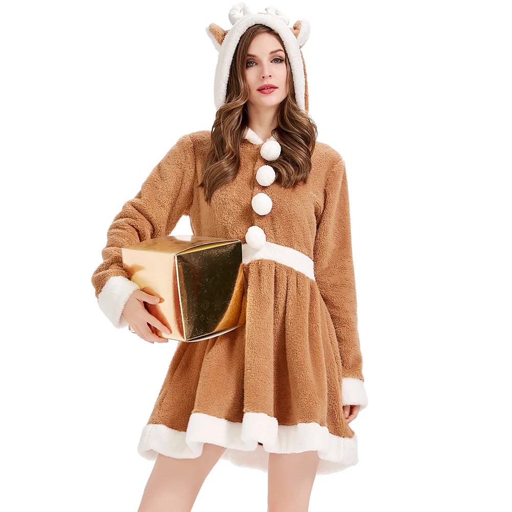 

Woman Christmas Clothing Sweet Elk Cosplay Dresses Cute Reindeer Animal Cos Dress Khaki Elk Loose Pajamas Flannel Hoodied Cloak