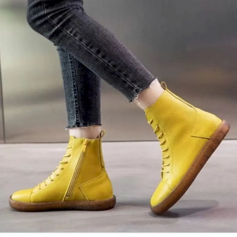 

Women Boots Cowhide Zipper Round Head High-top Flat Ankle Boots Soft Bottom Lace-up Women's Shoes Comfortable Casual All-match