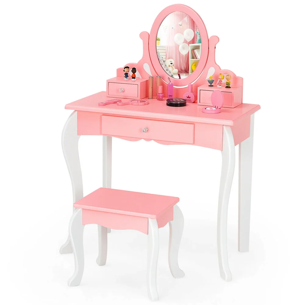 

Makeup Dressing Table Stool Set with Mirror Drawer, Pink, Senior Sense of Small Storage Cabinet Integrated Makeup Table
