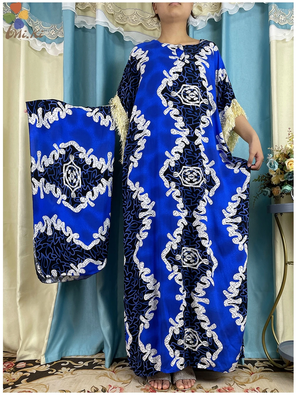 Muslim Short Sleeved Clothing New African Woman Abaya Tassel sleeve Solid color Printing Cotton Dress American Islam Clothing
