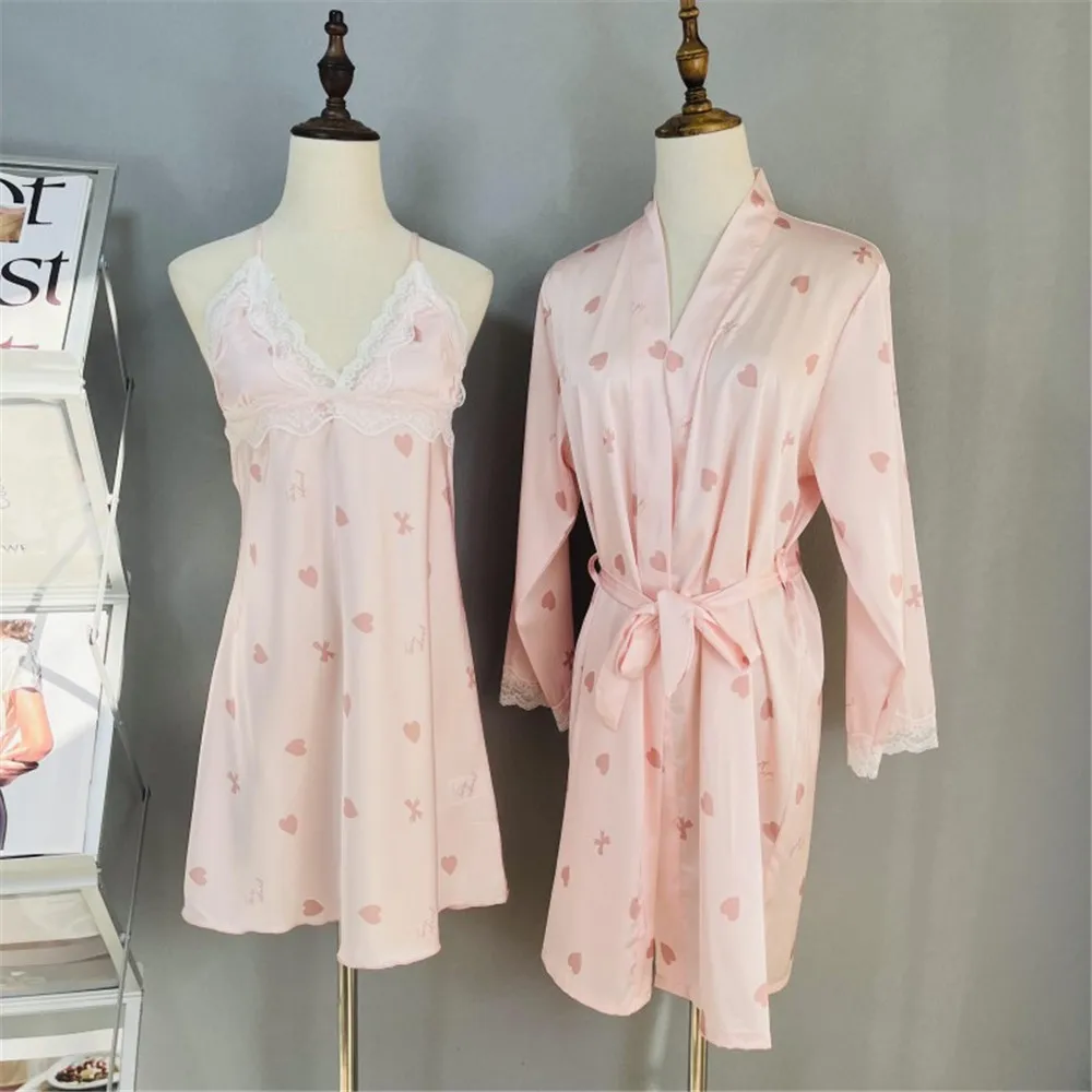 

Sexy Lace Robe Gown Set Print Women Kimono Bathrobe Suit Summer Silky Satin Nightgown Sleepwear Casual Home Dress Loungewear