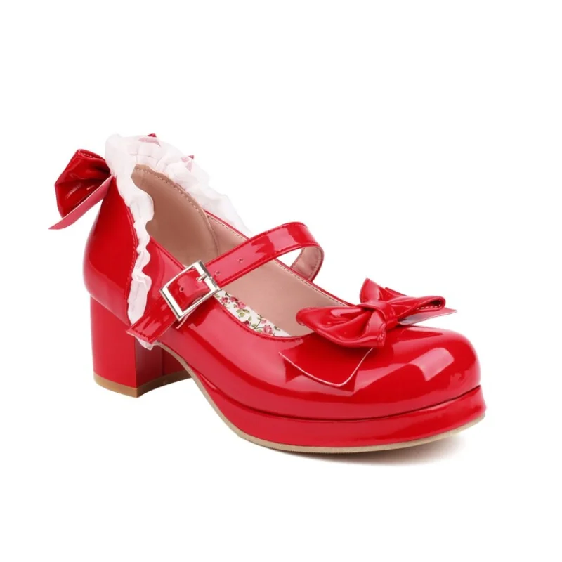 

Туфли женские из лакированной кожи, туфли-лодочки с бантом-бабочкой, на среднем каблуке, туфли в стиле «рокабилли», Винтажная обувь в стиле «лолита» для косплея горничной