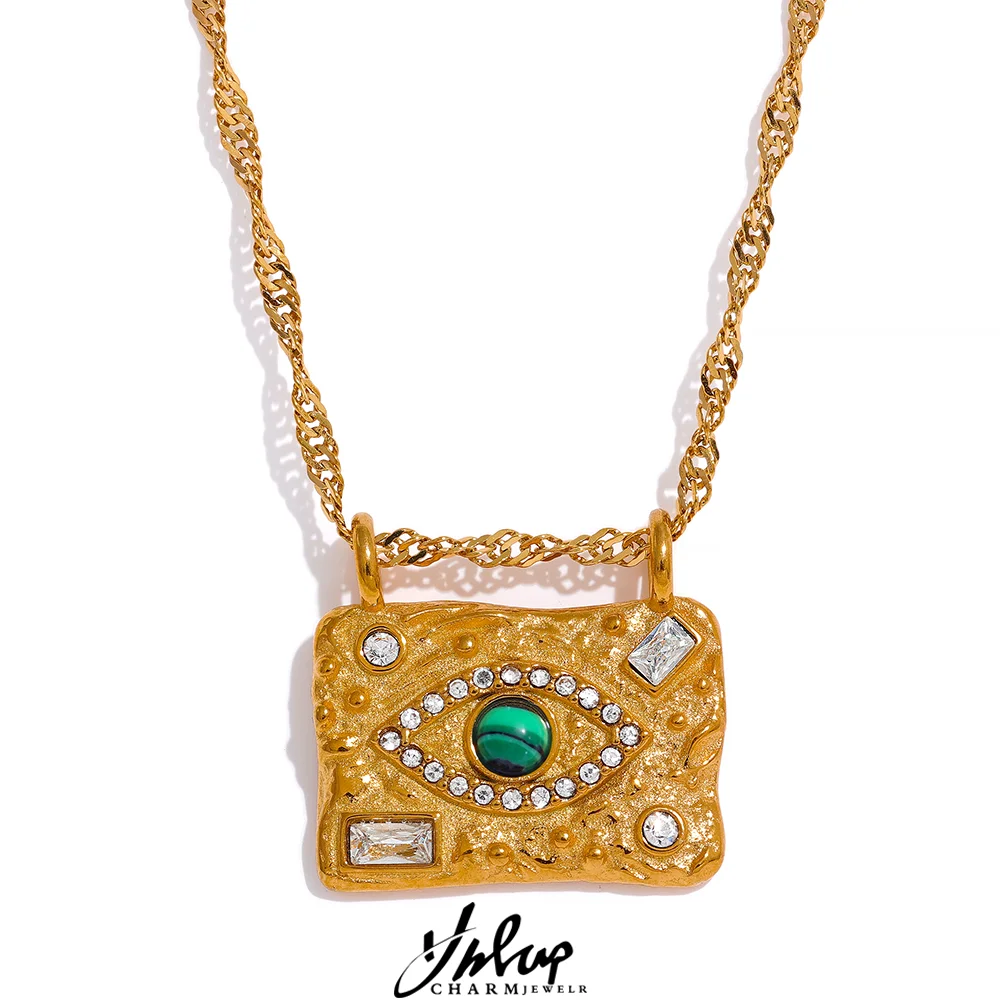 

Yhpup Vintage Fashion Stone Eye Bead Zircon Square Pendant Stainless Steel Luxury Necklace for Women Charm Golden Jewelry Gift