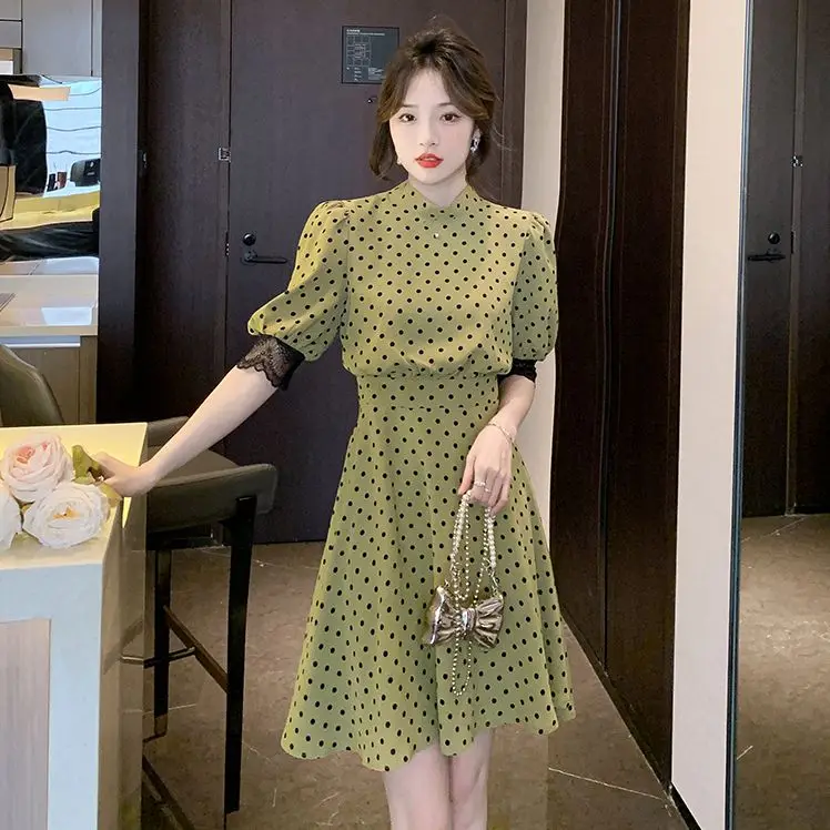 

COIGARSAM Women One Piece Ladies Korea Dress Summer 2022 New Polka Dot Patchwork Lace Bow Belt Green Dresses Dropshipping