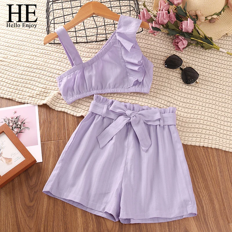 

HE Hello Enjoy Fashion Girls Clothing Sets 2022 Summer Cotton Camisole Strapless Vest + Shorts 2 piece Children Set Casual Suit