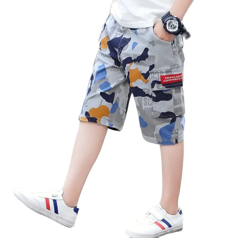 

Kids Shorts for Boys Summer Children Camouflage Blue Pants Fashion Teenage Elastic Waist Cargo Shorts Clothes for Teens 10 12Y