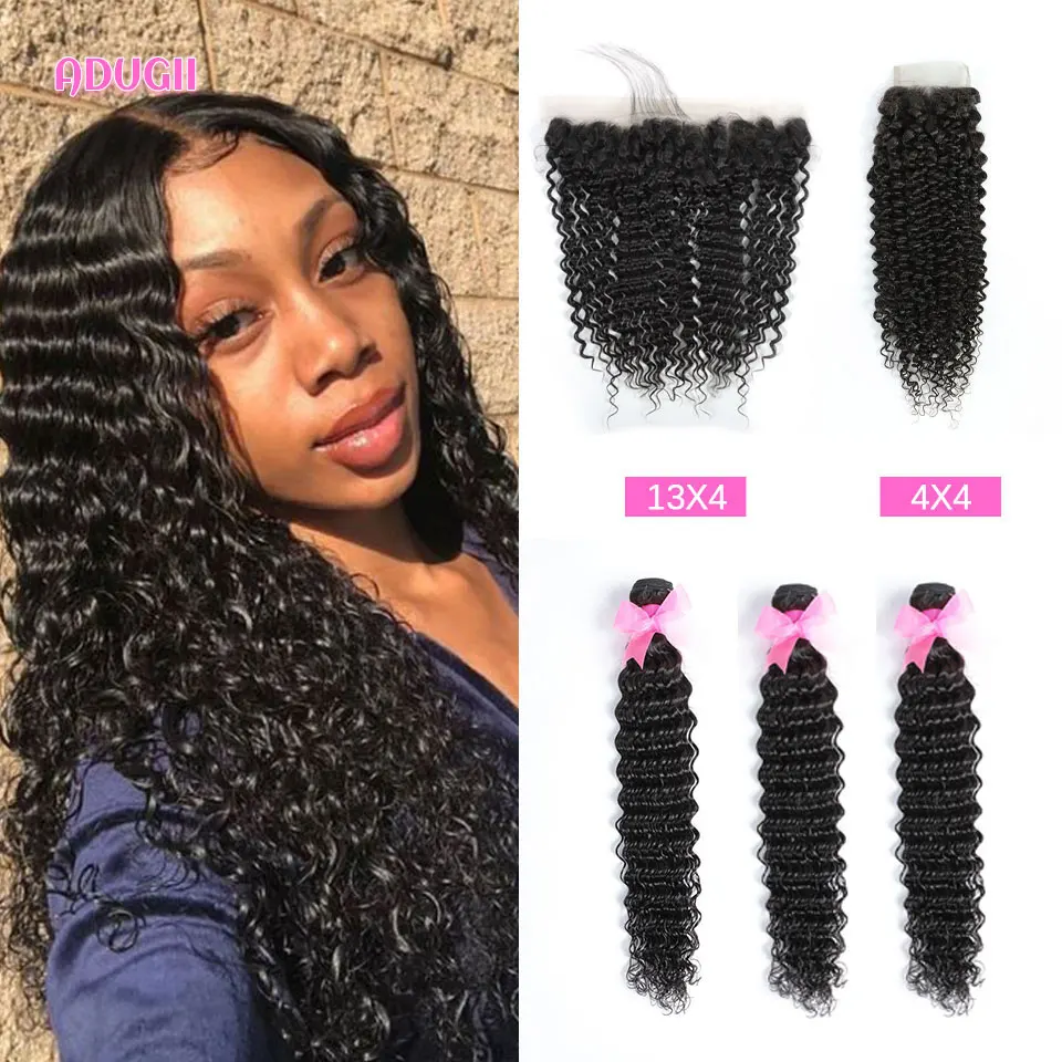 

Deep Wave 3 Bundles With Closure Human Hair Natural Black Weaving Bundles With Lace Closure Brazilian Remy Lace Hair Extensions