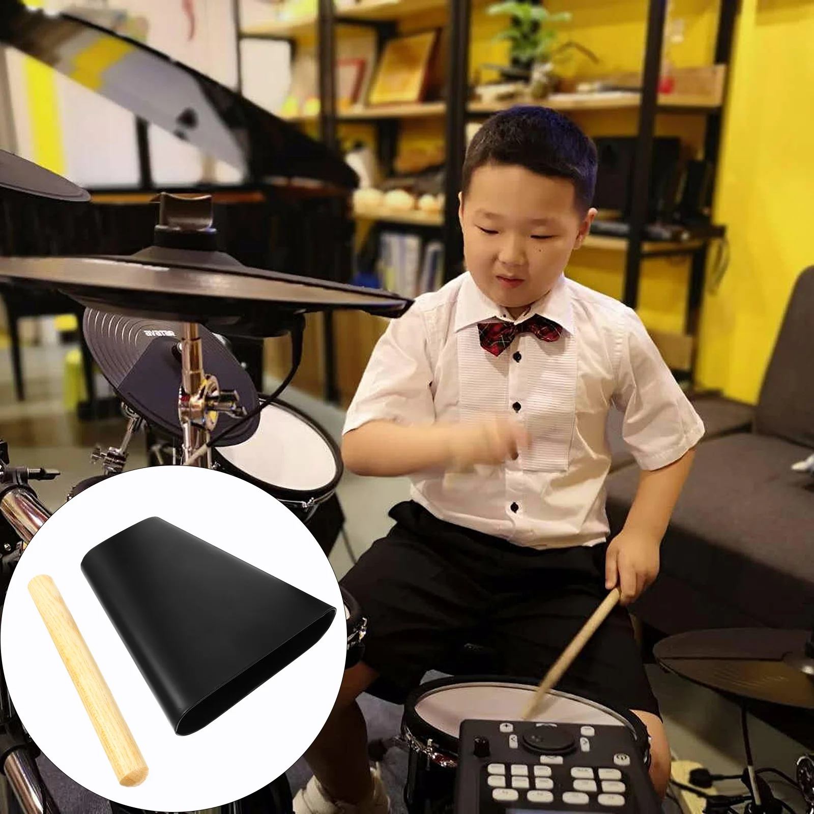 

Black Cow Bell with Beater Loud Call Bells Drum Kit Accessory for Kids Adults