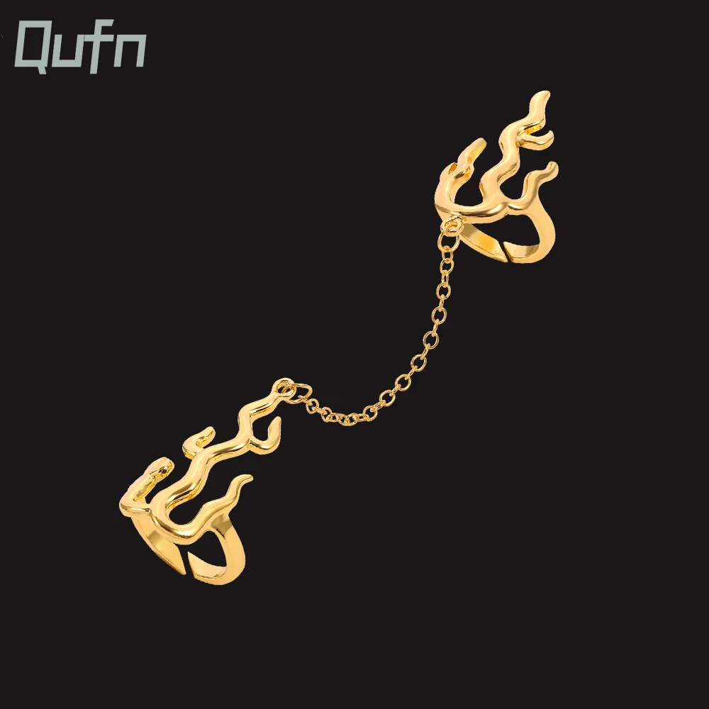 

Hip Hop Fashion Flame Chain Double Ring For Women Men Open Adjustable Finger Rings Street Style Cool Jewelry Party Accessories