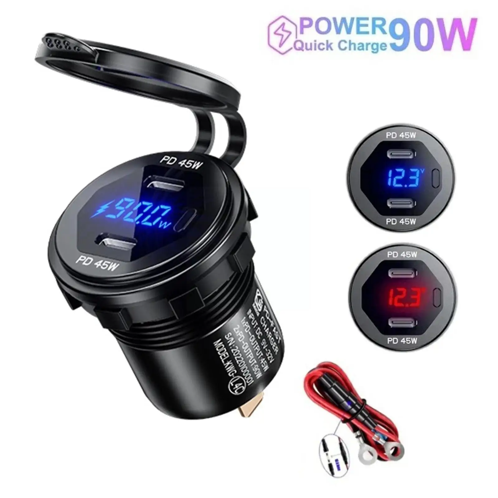

90W USB CType C PD + 18W QC3.0 USB Fast Car Charger with Voltage/Power Display for SUV Motorcycle Truck Boat ATV Q0S2