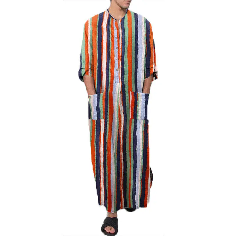 YUFEIDA Vintage Loose Muslim Caftan Robes Mens Long Sleeve Fashion Jubba Thobe Male Leisure Stripe Printed Islamic Clothing Robe