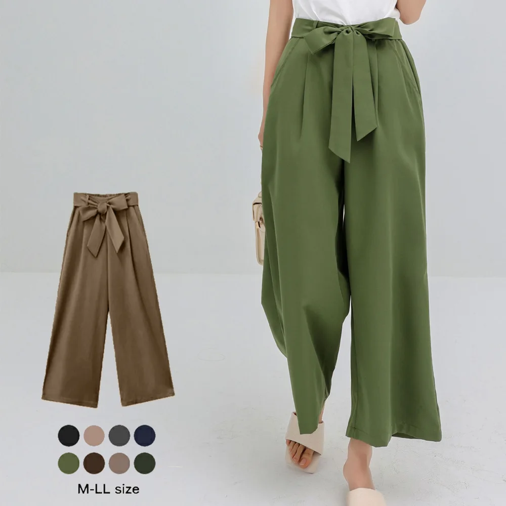 Summer Women Lace-up Solid Color Wide-leg Pants Women's Loose Nine-point Drape Straight Casual Pants