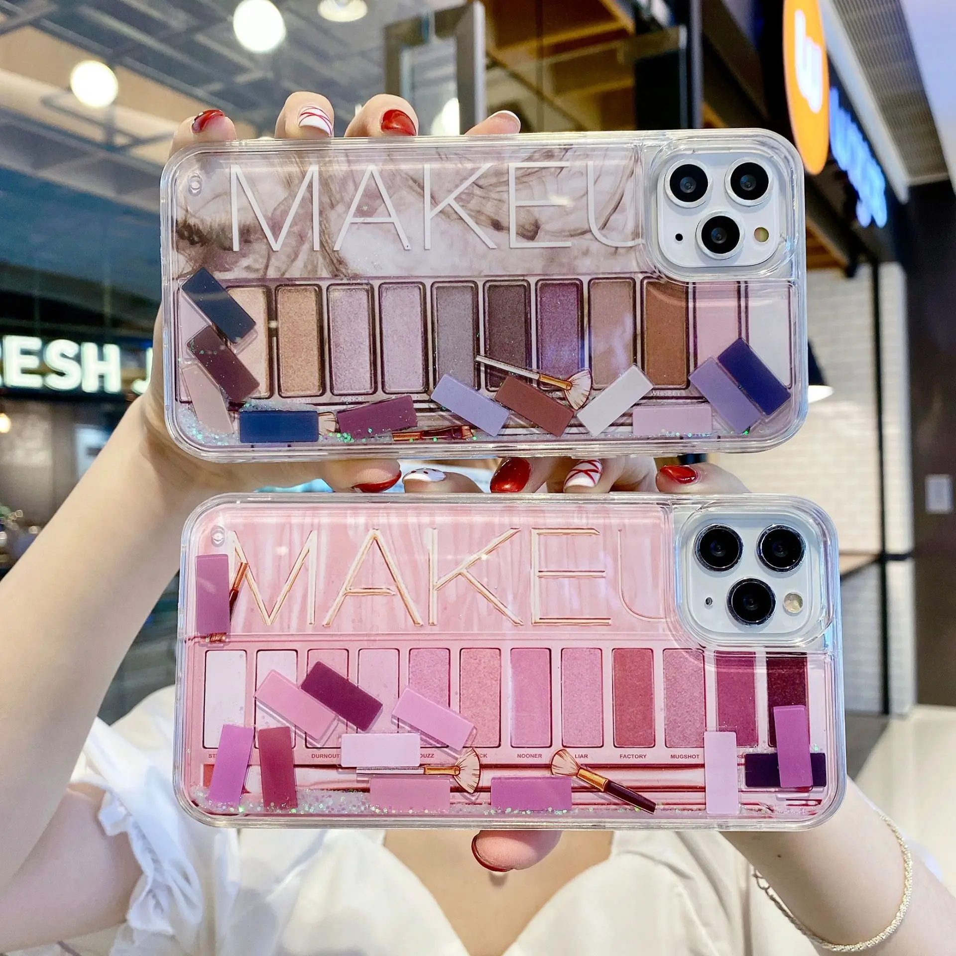 

Eyeshadow Box Cosmetics Quicksand Phone Case For iPhone 11 13 12 Pro MAX X XS XR 7 8 Plus SE 2020 Pink Shockproof Back Shell