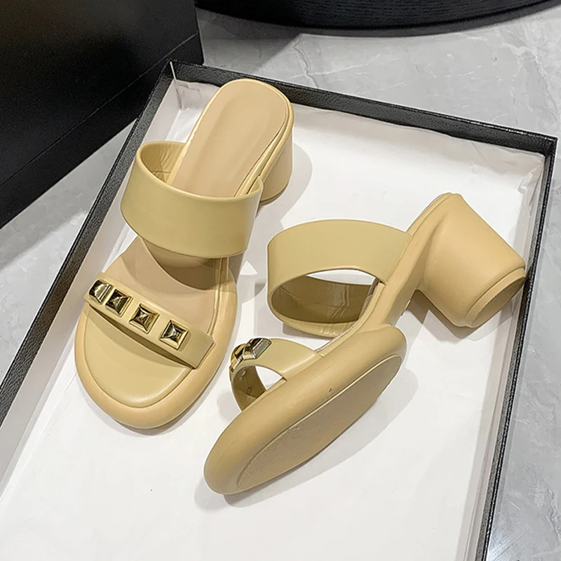 

Летние повседневные женские тапочки на высоком каблуке 2023, сандалии с открытым носком и ремешком на пятке, туфли-лодочки, модная обувь, женские шлепанцы из искусственной кожи